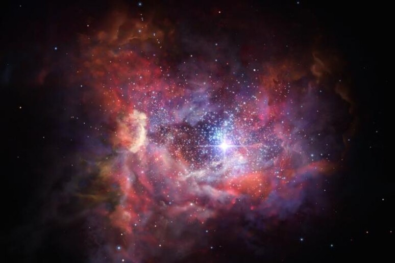 Rappresentazione artistica della galassia A2744_YD4, nata quando l 'universo aveva il 4% della sua età attuale (fonte: ESO/M. Kornmesser) - RIPRODUZIONE RISERVATA