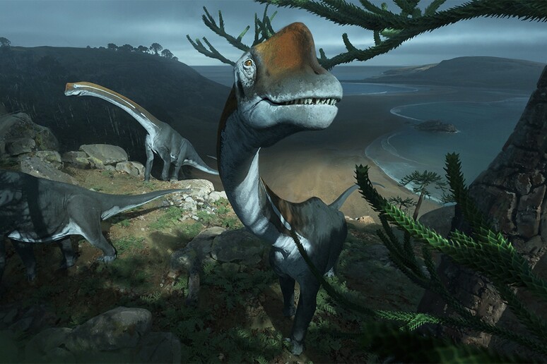 Ricostruzione artistica del più antico dei dinosauri giganti della preistoria, i titanosauri (fonte: Imperial College London/ Chase Stone) - RIPRODUZIONE RISERVATA