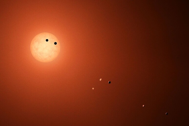 Rappresentazione artistica della stella Trappist-1 e dei suoi sette pianeti (fonte: NASA/JPL-Caltech) - RIPRODUZIONE RISERVATA