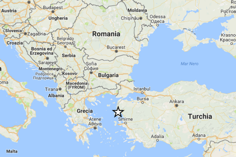 La stella sulla cartina indica l 'epicentro del terremoto di magnitudo 6.4 che alle 14.28 ora italiana ha colpito la costa egea della Turchia (fonte: Ingv) - RIPRODUZIONE RISERVATA