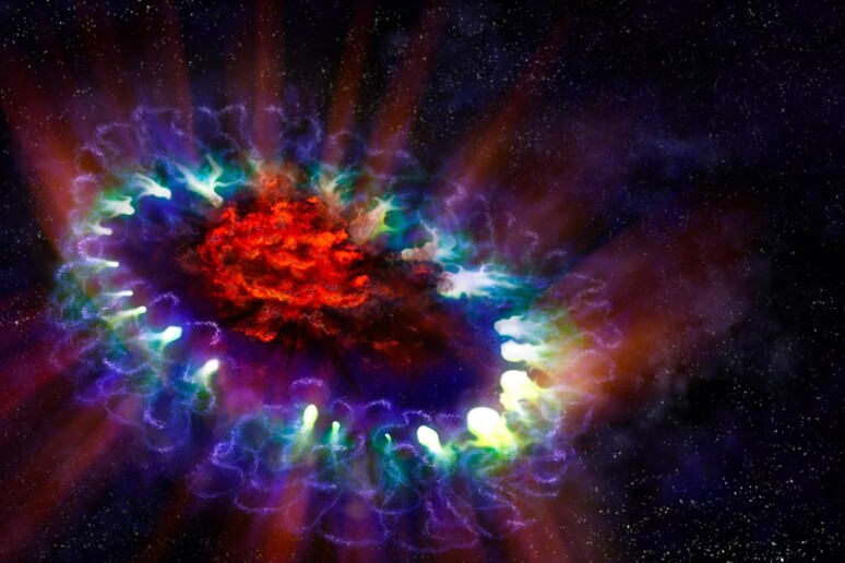 Rappresentazione artistica della regione interna alla supernova 1987A (fonte: A. Angelich; NRAO/AUI/NSF) - RIPRODUZIONE RISERVATA