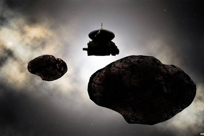 Una rappresentazione artistica della sonda New Horizon e del suo nuovo obiettivo, 2014MU69 (fonte: Carlos Hernandez) - RIPRODUZIONE RISERVATA