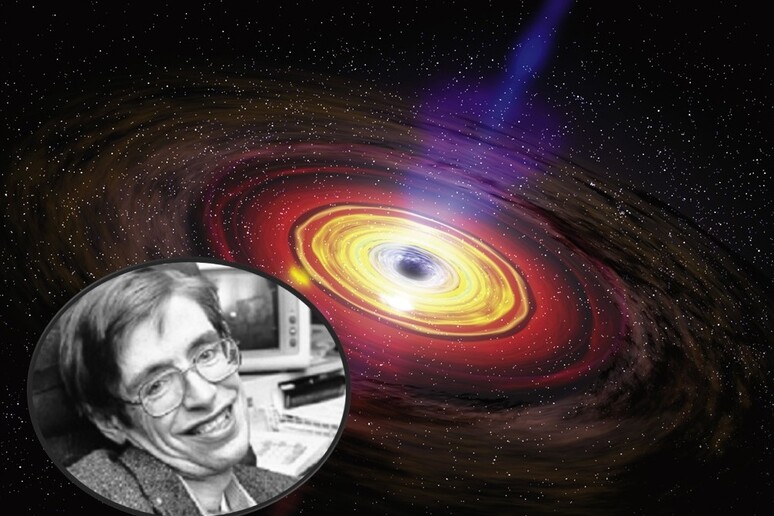 Il fisico Stephen Hawking (fonte: NASA) e, sullo sfondo, un buco nero che ingoia la materia che lo circonda (fonte: Phil Plait, Flickr) - RIPRODUZIONE RISERVATA