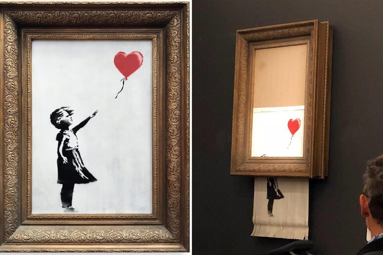 L 'opera di Banksy prima e dopo  'l 'autodistruzione ' - RIPRODUZIONE RISERVATA