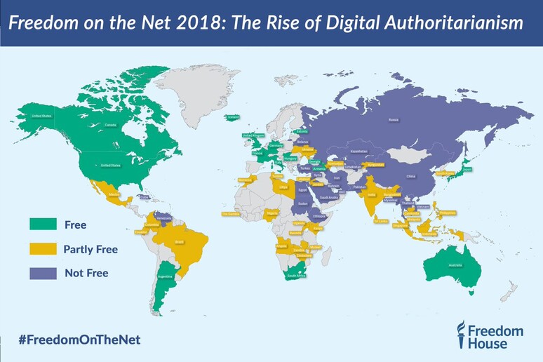Freedom House, la mappa delle libertà Internet nel mondo - RIPRODUZIONE RISERVATA