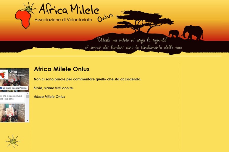 Il messaggio che appare sulla homepage del sito della onlus di Fano Africa Milele con cui era impegnata Silvia Romano, la volontaria italiana di 23 anni, rapita in Kenya da un gruppo armato - RIPRODUZIONE RISERVATA
