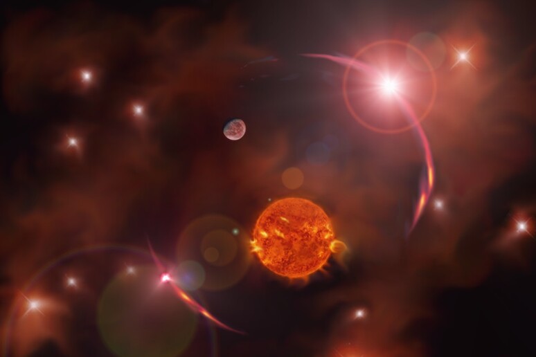 Rappresentazione artistica della stella Tcp J05074264+2447555 vista con il metodo della lente gravitazionale (fonte: A. Nucita) - RIPRODUZIONE RISERVATA