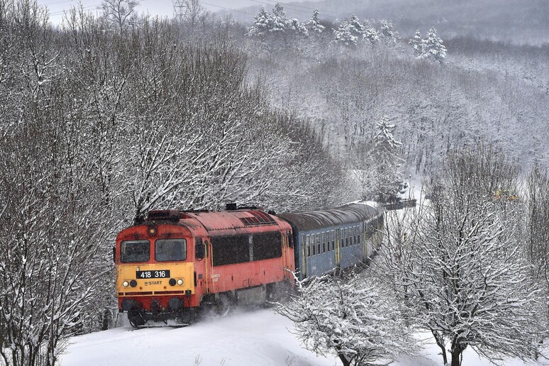 Ungheria, un treno tra le foreste innevate vicino a Budapest © ANSA/EPA