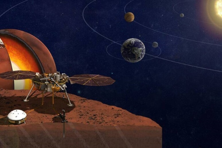 Rappresentazione artistica della missione InSight della Nasa, il cui lancio è previsto il 5 maggio (fonte NASA/JPL-Caltech) - RIPRODUZIONE RISERVATA