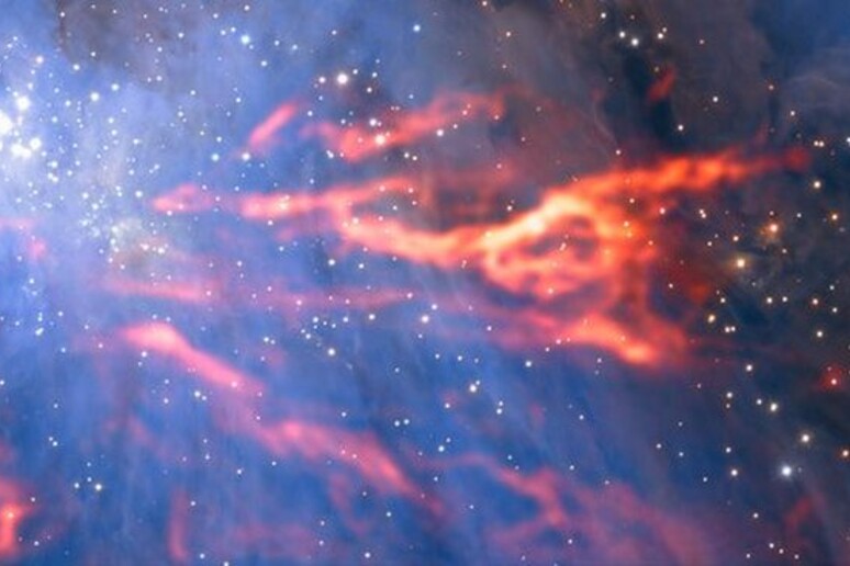 La culla di stelle nella nebulosa di Orione, osservata  dai radiotelescopi Alma dell’Eso e Iram (n blu,) e nell’infrarosso del Very Large Telescope (fonte ESO/H. Drass/ALMA, ESO/NAOJ/NRAO), A. Hacar) - RIPRODUZIONE RISERVATA