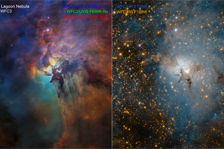 La Nebulosa Laguna fotografata dal telescopio spaziale Hubble nel visibile e nell 'infrerosso (fonte:  NASA, ESA, STScI) - RIPRODUZIONE RISERVATA