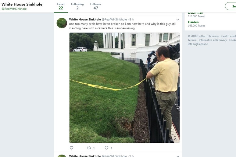 Il tweet di White House Sinkhole - RIPRODUZIONE RISERVATA