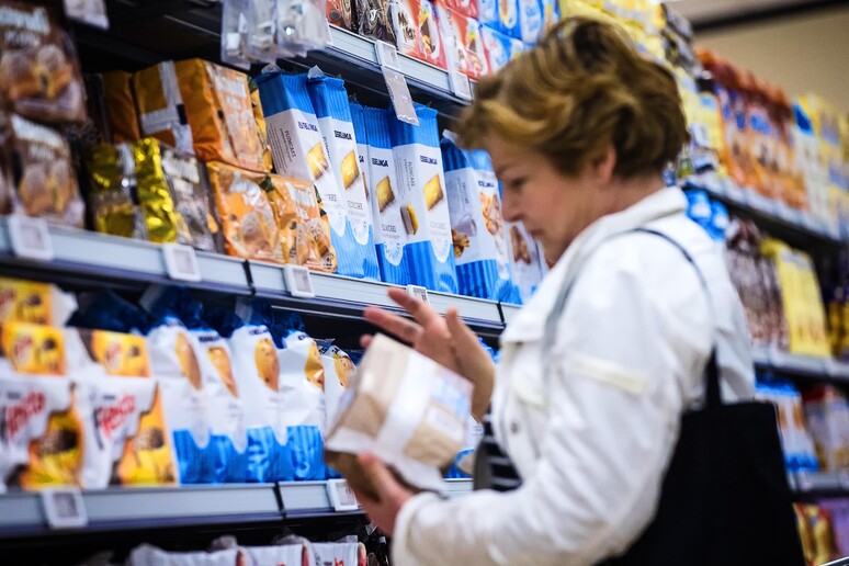 Donna fa la spesa in un grande supermercato - RIPRODUZIONE RISERVATA