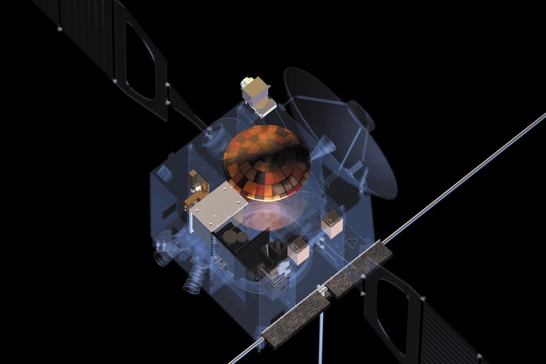 Rappresentazione artistica della sonda Mars Express nell 'orbita di Marte, con le antenne del radar Marsis (fonte: ESA) - RIPRODUZIONE RISERVATA