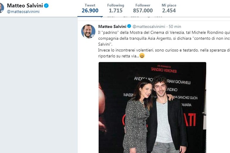 Il tweet di Salvini - RIPRODUZIONE RISERVATA