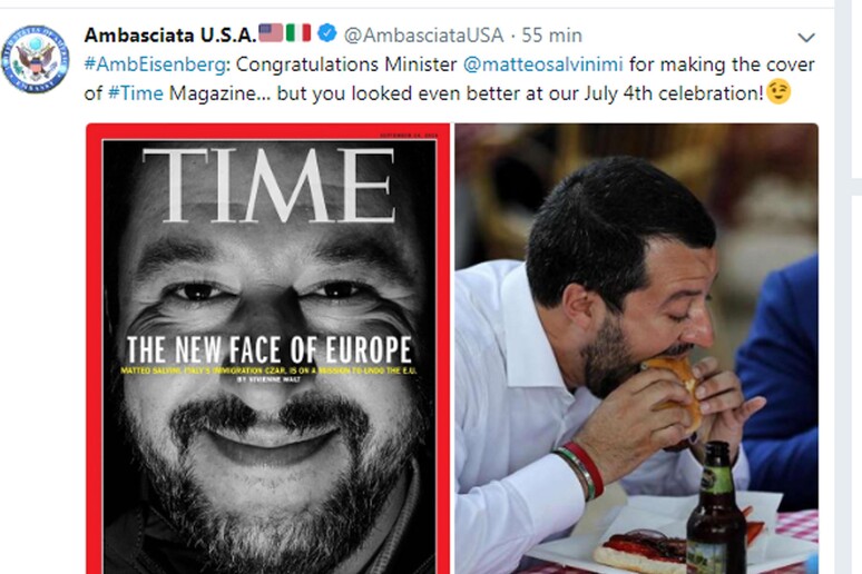 Ambasciatore Usa scherza con Salvini per copertina sul Time - RIPRODUZIONE RISERVATA