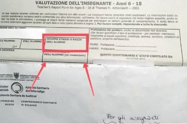 Questionario Asl Bolzano chiede  'razza ' alunno - RIPRODUZIONE RISERVATA