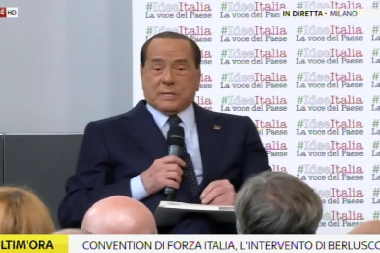 Silvio Berlusconi alla convention di Fi in una foto tratta dal video del suo intervento a Milano - RIPRODUZIONE RISERVATA
