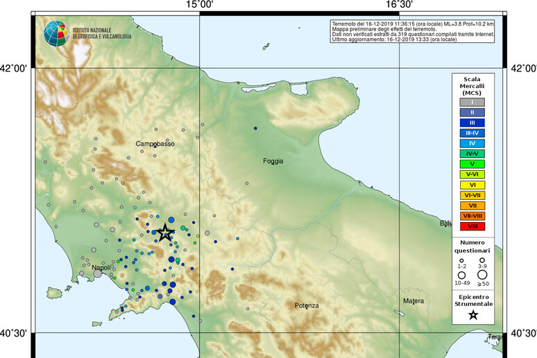 Mappa della percezione del terremoto del 16 dicembre 2019 nel Beneventano (fonte: Hai sentito il terremoto?/INGV) - RIPRODUZIONE RISERVATA