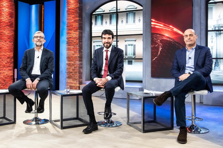 Da sinistra: Roberto Giachetti, Maurizio Martina e Nicola Zingaretti, i tre candidati alle primarie del PD ospiti per un confronto a Sky Tg24, Roma, 28 febbraio 2019 - RIPRODUZIONE RISERVATA