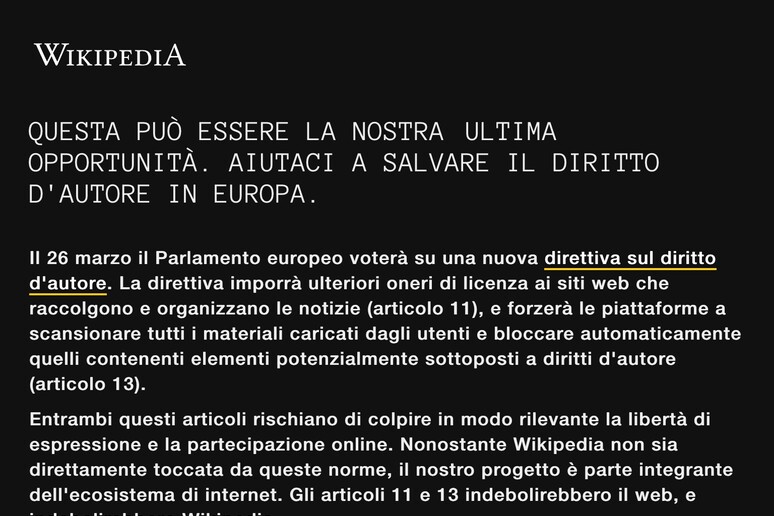 Copyright: pagina Italia Wikipedia oscurata prima voto - RIPRODUZIONE RISERVATA