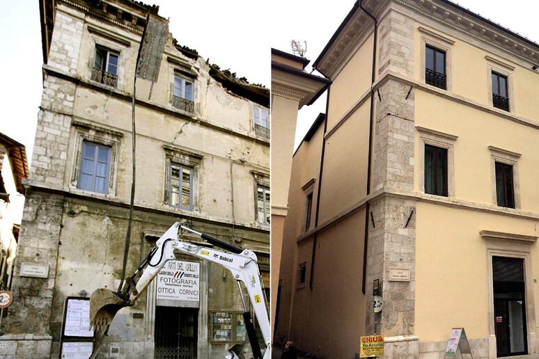 Un palazzo nel centro dell 'Aquila, a sinistra nel 2009 e a destra oggi dopo la ricostruzione - RIPRODUZIONE RISERVATA