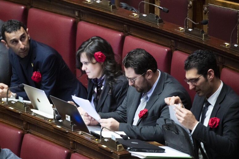 Deputati M5s con una rosa nel giorno dell 'approvazione del Codice Rosso alla Camera - RIPRODUZIONE RISERVATA
