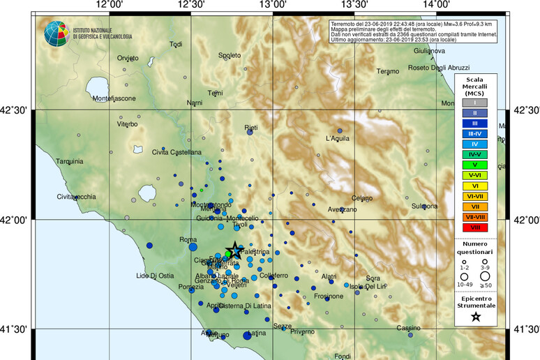 Mappa della percezione del terremoto del 23 giugno a Colonna (fonte: INGV/Hai sentito il terremoto?) - RIPRODUZIONE RISERVATA