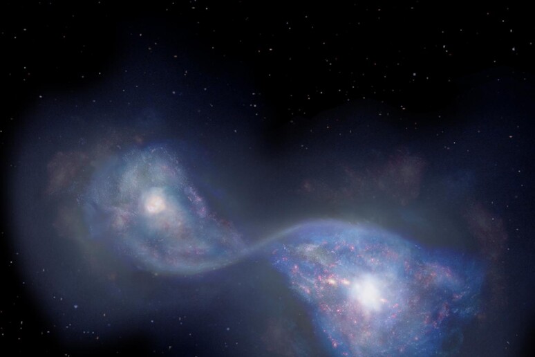 Rappresentazione artistica della più antica collisione fra galassie (fonte: National Astronomical Observatory of Japan) - RIPRODUZIONE RISERVATA