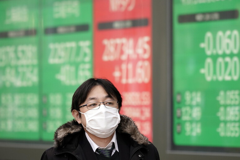 Un uomo con la mascherina e dietro i dati di Borsa © ANSA/EPA