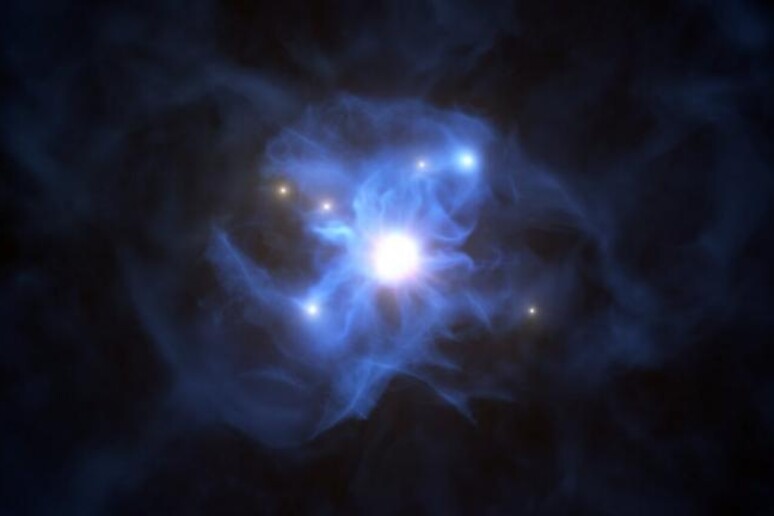 Rappresentazione artistica del buco nero circondato da sei galassie (fonte: ESO/L. CALÇADA) - RIPRODUZIONE RISERVATA