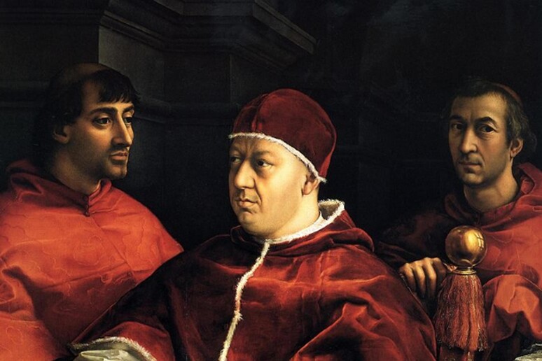 Il ritratto di papa Leone X con i cugini cardinali Giulio de ' Medici e Luigi de ' Rossi - RIPRODUZIONE RISERVATA