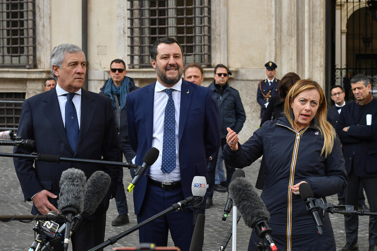 Antonio Tajani, Matteo Salvini e Giorgia Meloni entrano a Palazzo Chigi - RIPRODUZIONE RISERVATA