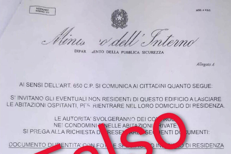 Un falso volantino attribuito al Ministero dell 'Interno sulla questione Coronavirus stato diffuso da sconosciuti in numerose città italiane - RIPRODUZIONE RISERVATA