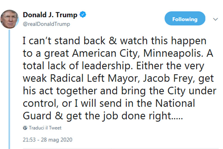 Il tweet del presidente Donald Trump - RIPRODUZIONE RISERVATA