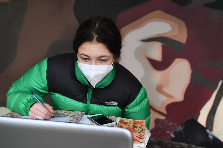 Una ragazza al computer durante un 'occupazione a scuola in una foto d 'archivio - RIPRODUZIONE RISERVATA