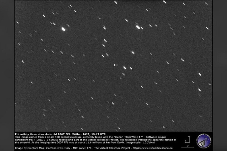 L’asteroide potenzialmente pericoloso 2007 FF1 (fonte: Virtual Telescope) - RIPRODUZIONE RISERVATA