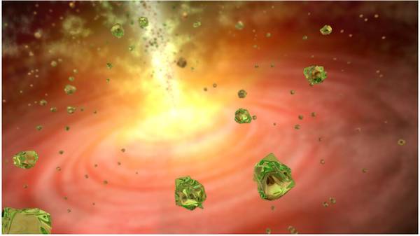 Cristalli verdi nella nube di formazione di una stella (fonte: NASA/JPL-Caltech-Università di Toledo)