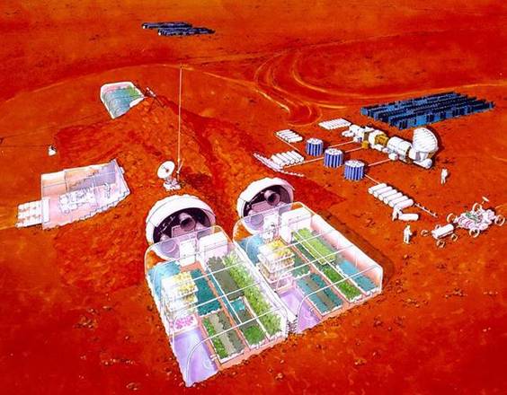 Impianti e serre per garantire la produzione di sostanze utili alla sopravvivenza umana su Marte (fonte:università di Cagliari, Asi,Crs4)