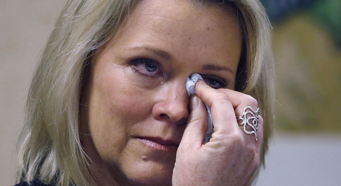 Former Boston television news anchor Heather Unruh holds back tears while speaking Wednesday, Nov. 8, 2017, in Boston, about the alleged sexual assault of her teenage son by actor Kevin Spacey in the summer of 2016 on Nantucket. ( © AP