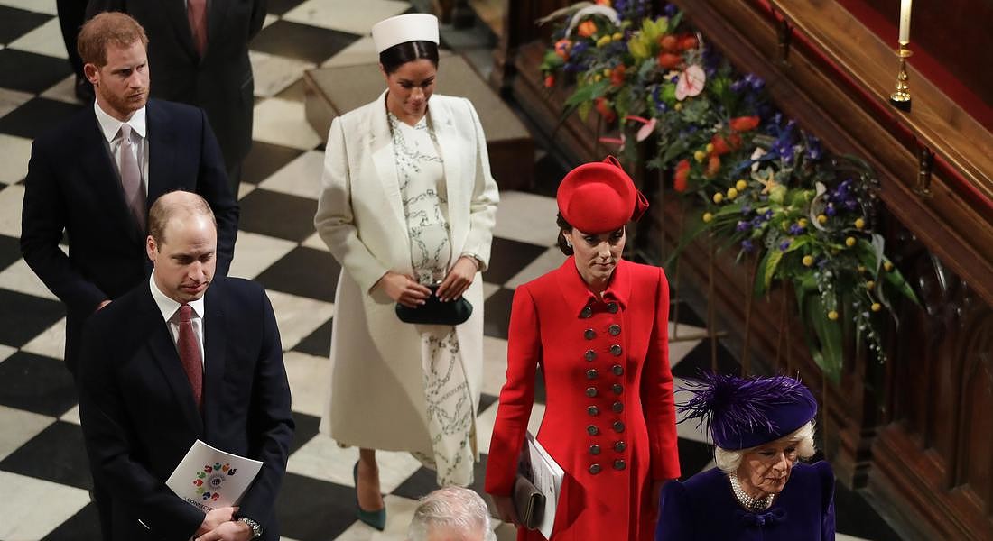 Meghan , Duchessa di Sussex  e Kate, Duchessa di Cambridge a Westminister per la celebrazione del Commonwealth Day l'11 marzo 2019 © AP