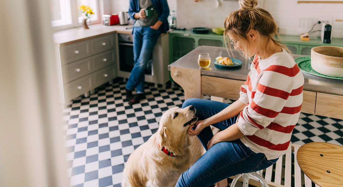 Una coppia amorevole con il cane in cucina foto iStock. © Ansa