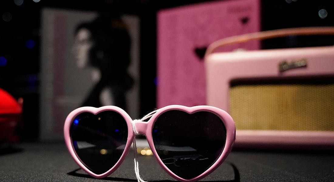 Heart-shaped sunglasses are displayed during the New York press and public exhibition of the  