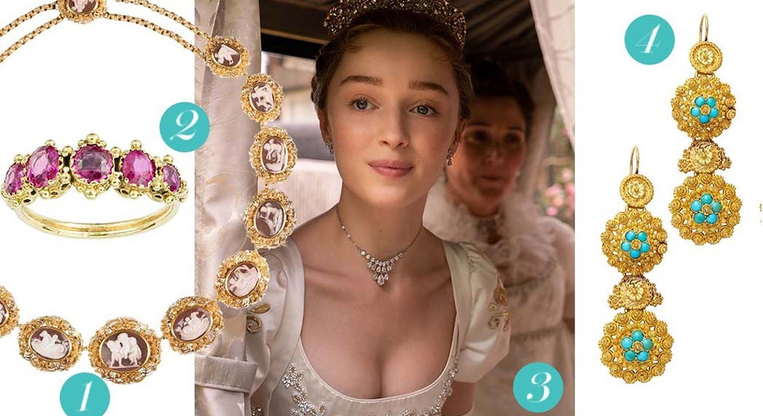 Netflix - Bridgerton /THR info 1. A Regency-era gold necklace with sardonyx cameos, $36,000. 2. Circa-1815 pink sapphire ring, $8,741. 3. 'Bridgerton' star Phoebe Dynevor. 4. Antique gold and turquoise chandelier earrings, $6,500 © Ansa