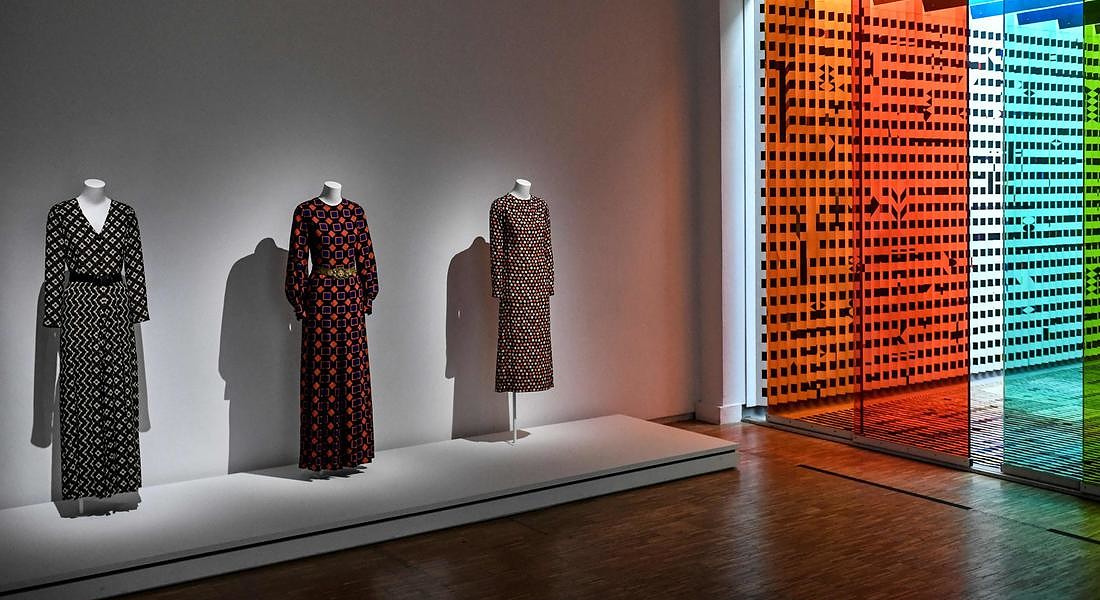 a creation of late French designer Yves  Saint-Laurent displayed next an artwork by artist Hungarian-French Victor Vasarely at the Centre  Pompidou (National Modern Art Museum) as part of the exhibitions 