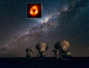 Radiotelescopi e in alto la foto di Sagittarius A* (fonte: Collaborazione Eht) (ANSA)