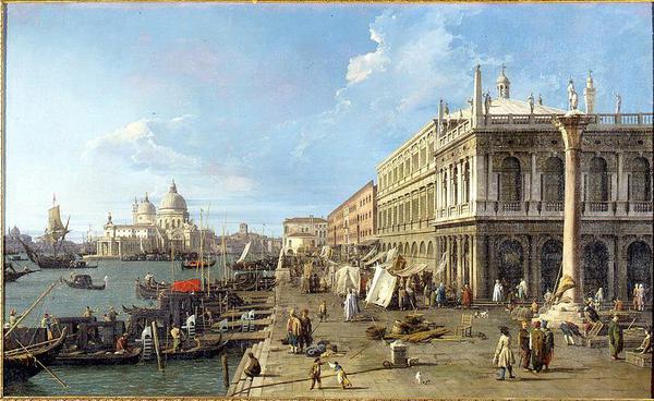 Canaletto (1697-1768) Il Molo verso ovest con la Colonna di San Teodoro a destra, Venezia 1738 circa © ANSA