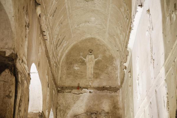 Basilica sotterranea di Porta maggiore, particolare dell'abside con l'immagine della Vittoria sotto al volo di Saffo. FOTO ANSA / FABIO FRUSTACI © ANSA