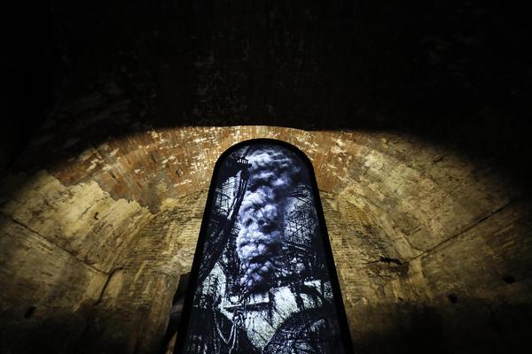 Una delle video installazioni durante la presentazione della mostra Plessi a Caracalla. Il segreto  del tempo nei sotterranei delle Terme di Caracalla, Roma, 17 giugno 2019. ANSA/RICCARDO ANTIMIANI © ANSA