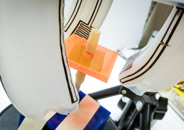 La pinza robotica manipola una forma quadrata stampata in 3D (fonte: UCSD) © Ansa